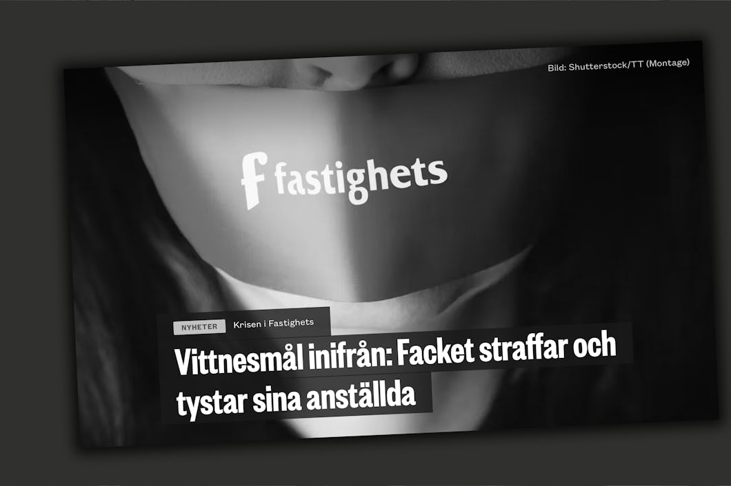 En person med tejp över munnen syns bakom loggan "Fastighets" och en rubrik om att fackförbundet straffar och tysta sina anställda.