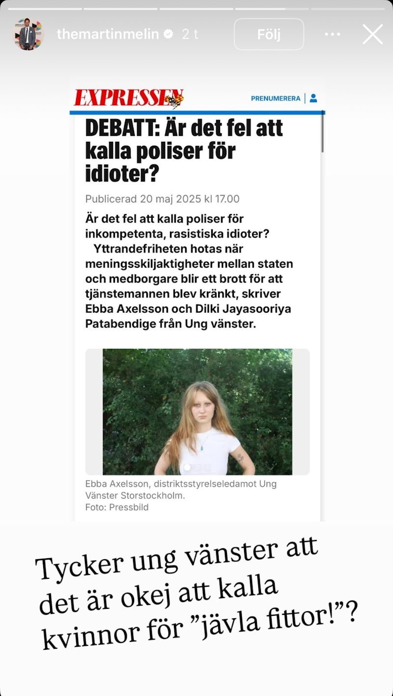 En skärmdump av en tidningsartikel diskuterar om det är fel att kalla poliser "idioter".
