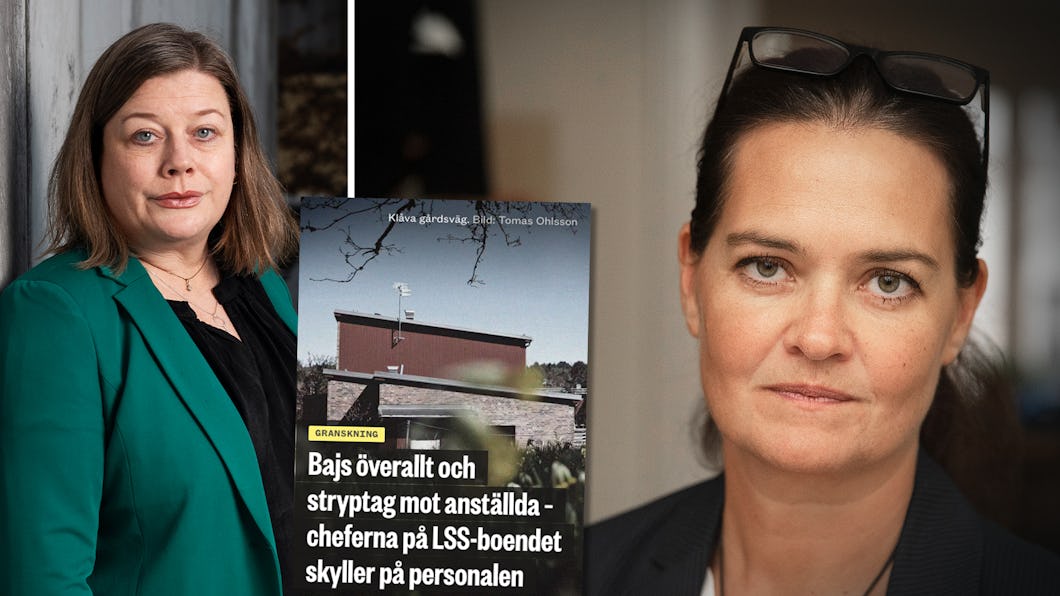 Malin Ragnegård och Sofia Wikman syns på varsin sida om en nyhetsartikel som handlar om missförhållanden på LSS-boendet Klåva gårdsväg.