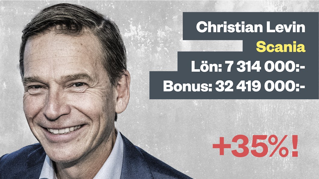 Christian Levin i kostym ler bredvid en text där det står: ”Christian Levin, Scania, Lön: 7 314 000:-, Bonus: 32 419 000:-, +35%!” på en grå bakgrund.