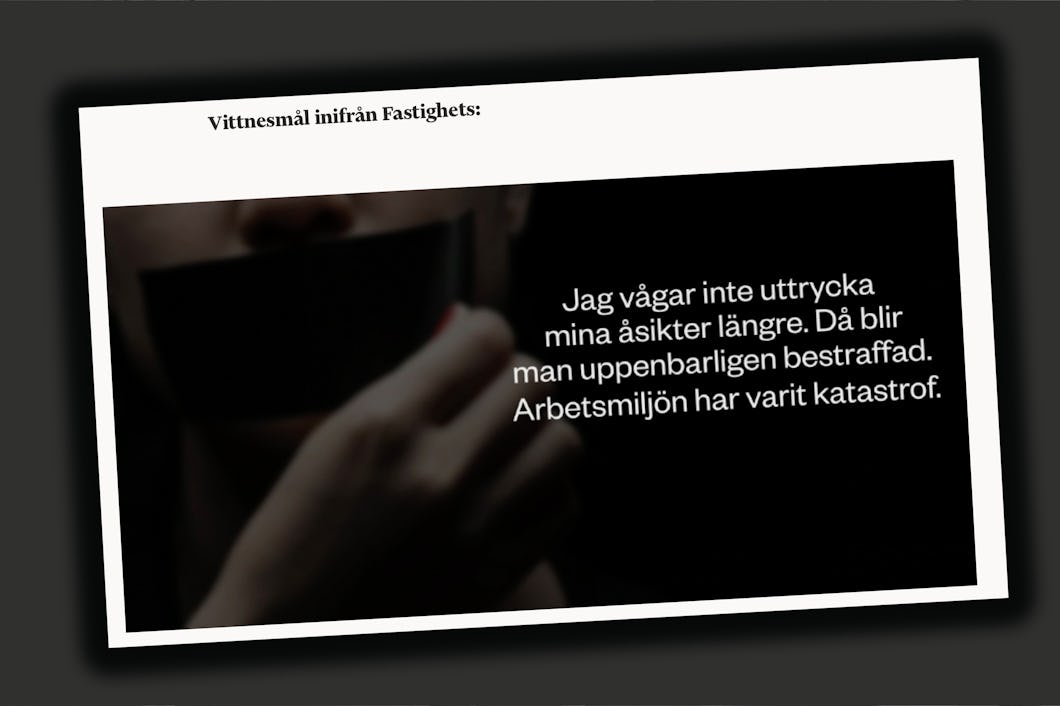 En person med tejp över munnen syns bredvid svensk text om att bli straffad för att uttrycka åsikter och om en beskrivning av dåliga arbetsförhållanden.