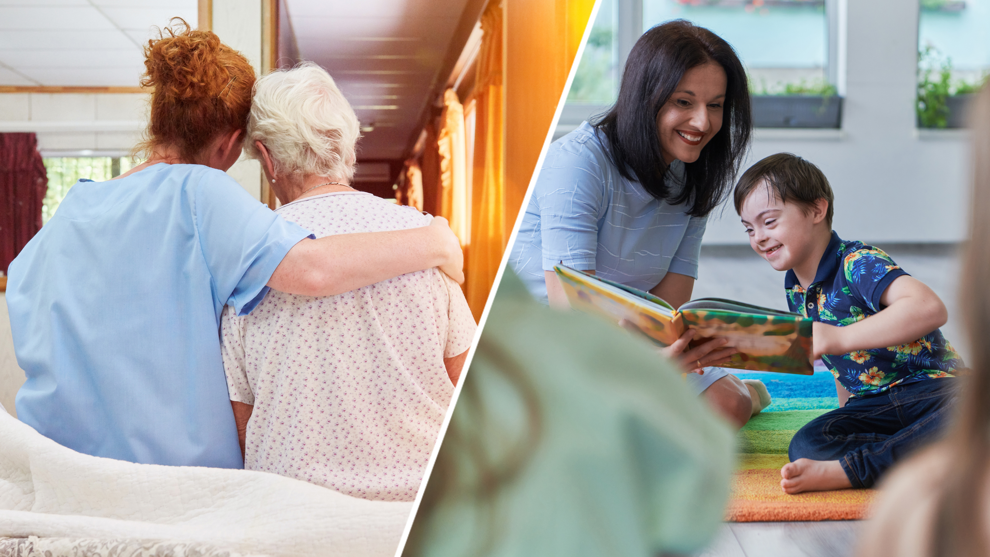 En undersköterska sedd bakifrån håller om en äldre kvinna. En kvinnlig förskoleanställd läser ur en bok för ett barn som sitter på golvet.