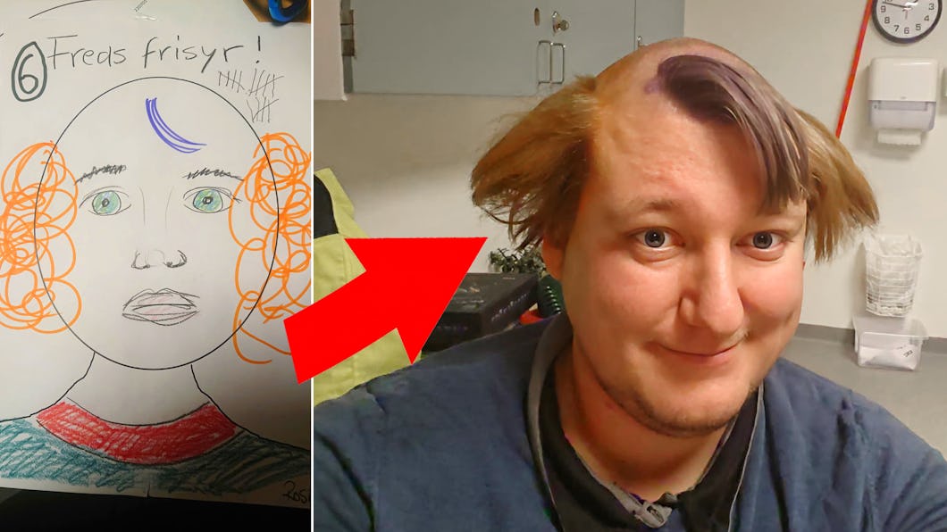 Fred Melin har en frisyr som liknar ett barns teckning av ett ansikte med orange lockar och ett lila streck.