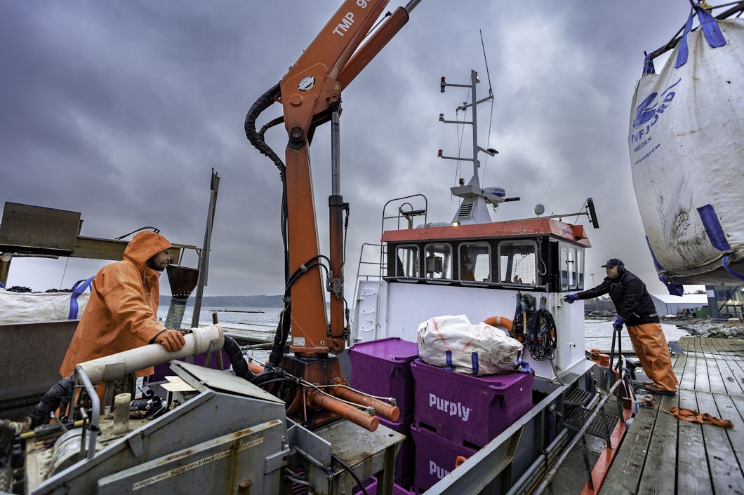Två arbetare i orange regnkläder använder utrustning och ordnar containrar på en förtöjd fiskebåt under molnig himmel.