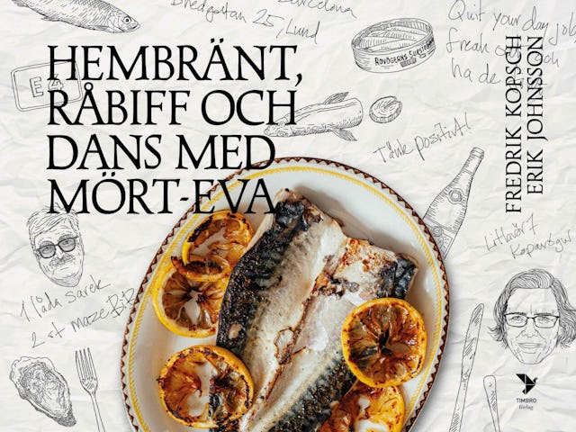 En tallrik med grillad fisk och citronskivor ligger i mitten, omgiven av tecknade illustrationer och svensk text med bokens titel och författarnas namn.