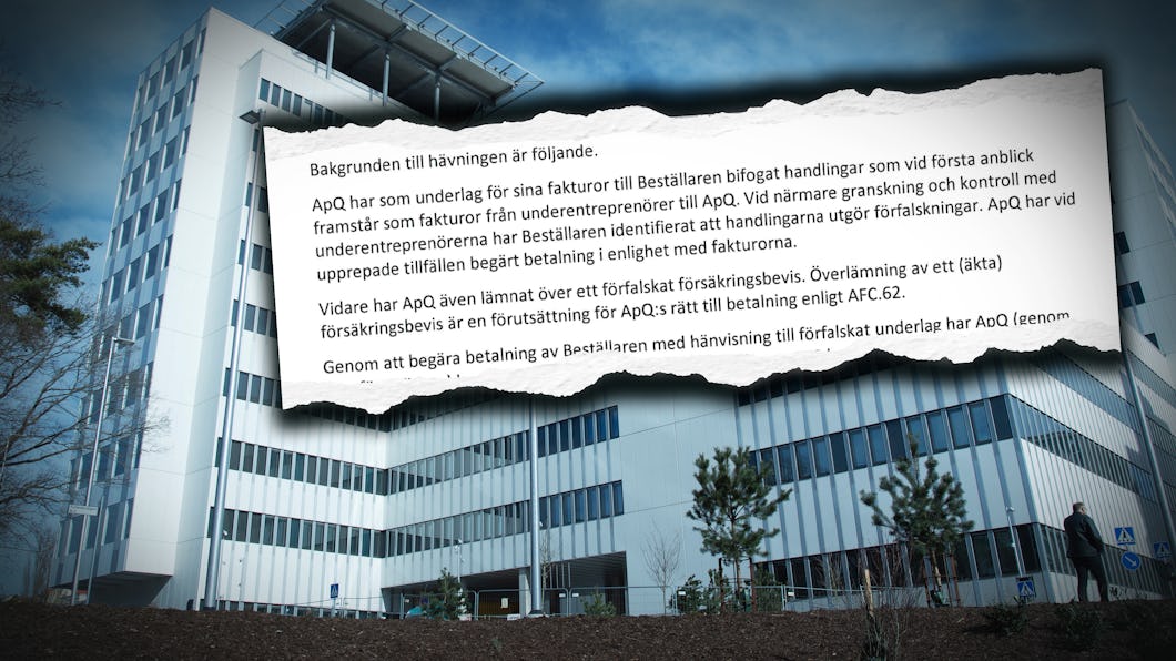 Ett kontorshus i bakgrunden. Infällt ovan är ett klipp från ett avtal.