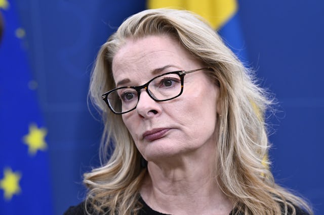 Lotta Edholm med blont hår och glasögon står framför suddiga flaggor från Europeiska unionen och Sverige, och tittar lite åt sidan med neutral min.
