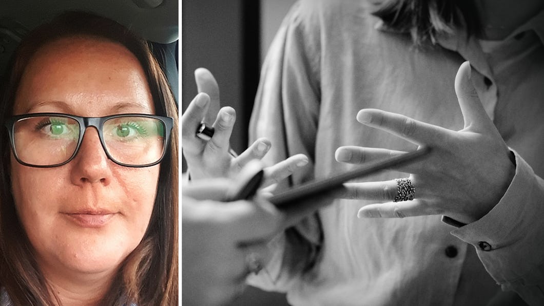 Delad bild: Till vänster tittar en kvinna med glasögon mot kameran. Till höger samtalar två personer och gör gester med händerna, varav en håller i en penna.