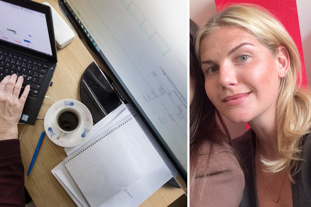 En person skriver på en bärbar dator vid ett skrivbord med en kaffekopp, anteckningsbok, penna och bildskärm; till höger finns en bild på en kvinna.