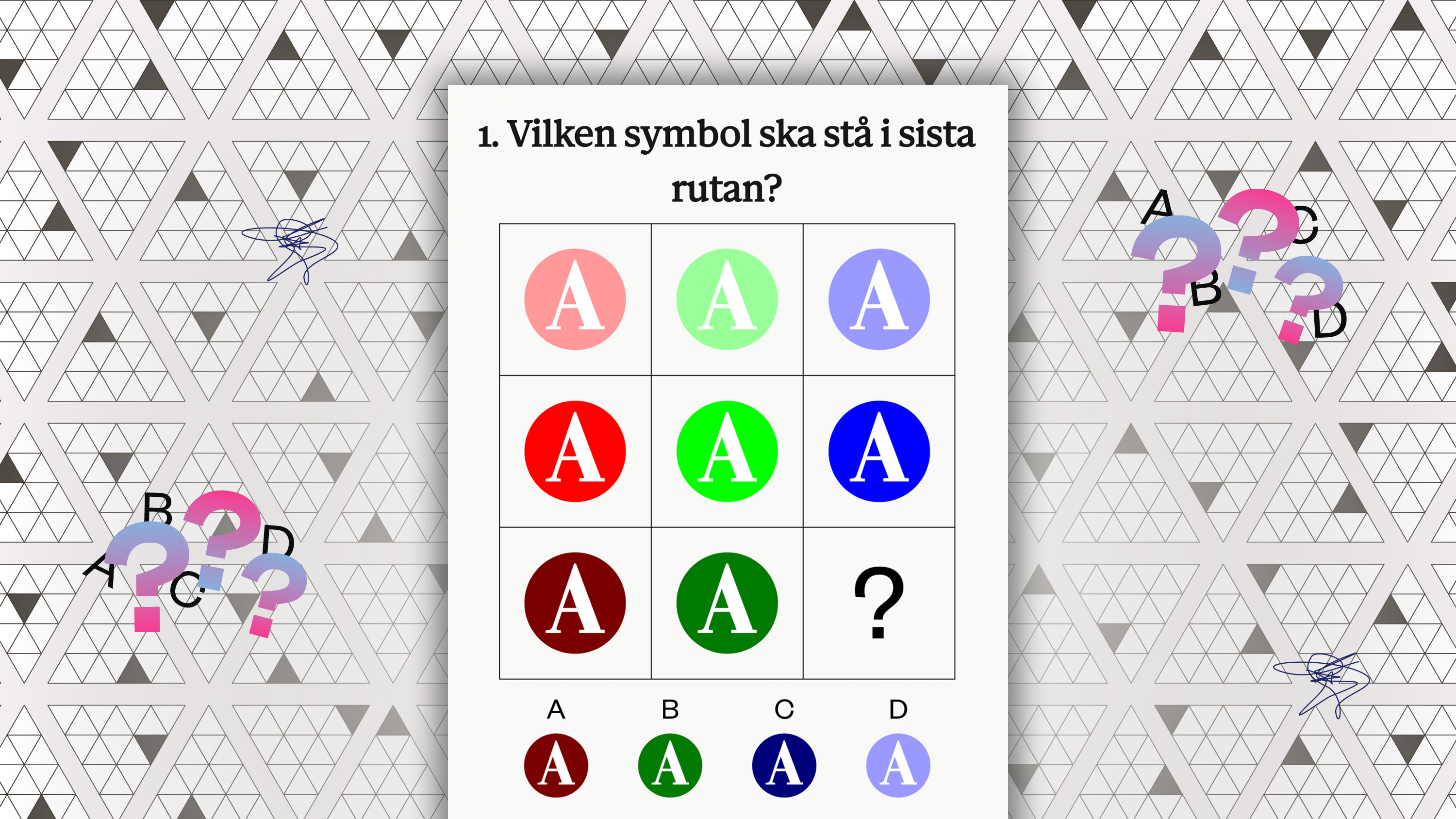 Ett rutnät med 3x3 rutor visa, där varje ruta innehåller en färgad cirkel och ett vitt "A". Den sista rutan har ett frågetecken. Under rutnätet finns fyra alternativ (A, B, C, D) i cirklar med olika färger.