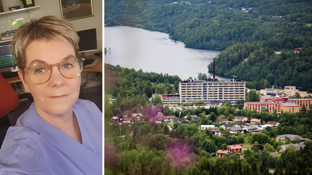Ingela Korhonen i medicinska arbetskläder sitter inomhus. Bredvid henne syns en vy uppifrån av ett sjukhusområde omgivet av skog och en sjö.