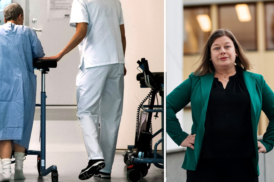 En patient i sjukhuskläder går med en rollator och får hjälp av vårdpersonal. Bredvid dem stårMalin Ragnegård i kavaj utanför en byggnad.