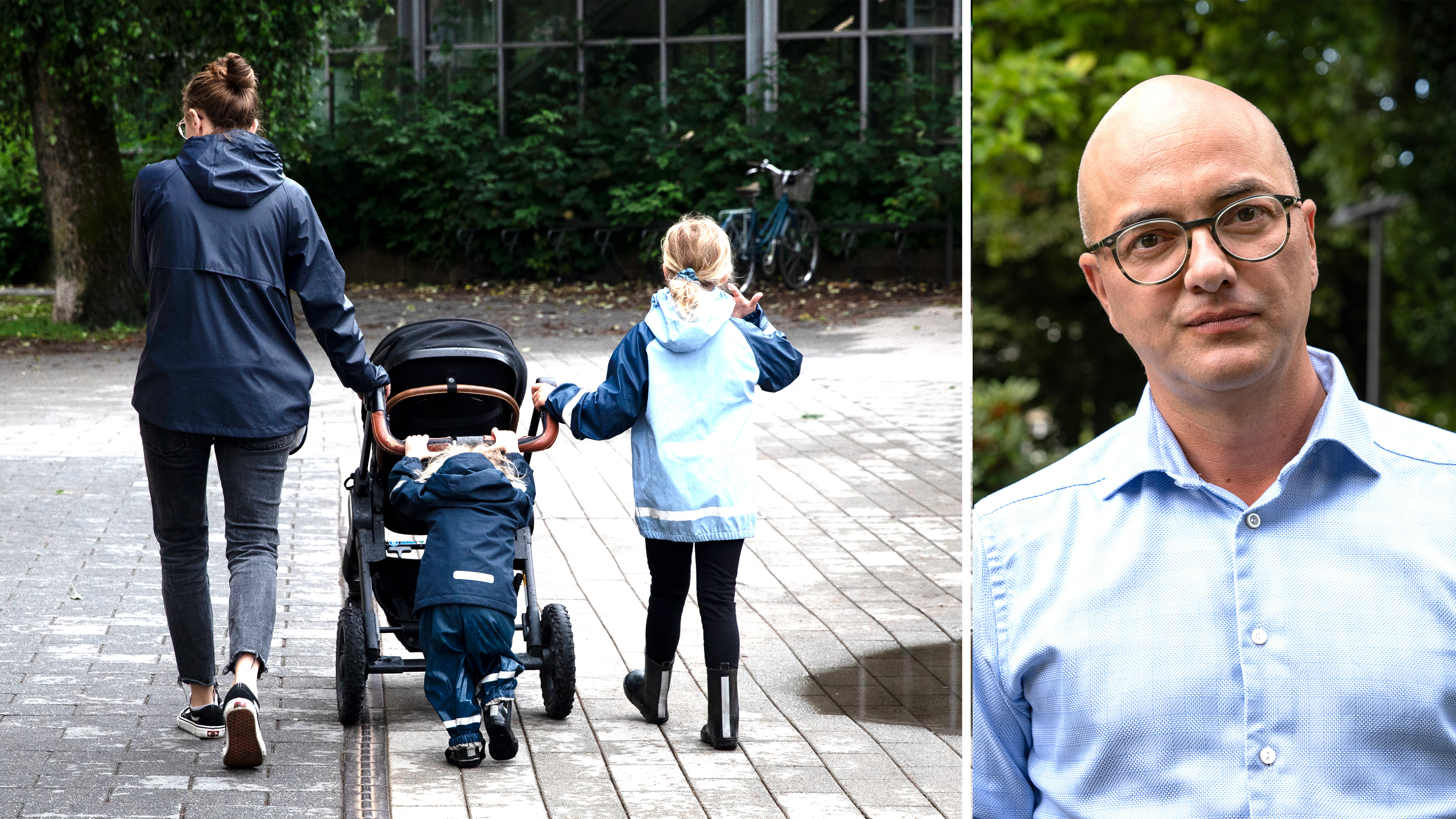 En kvinna går med två barn och en barnvagn på en asfalterad gångväg. Bredvid finns ett separat porträtt av LO:s chefsekonom Torbjörn Hållö med glasögon och ljusblå skjorta.
