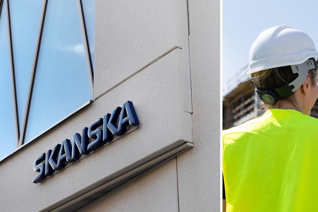 En byggnad med Skanskas logotyp på fasaden och en arbetare med hjälm och gul väst vid en byggarbetsplats.