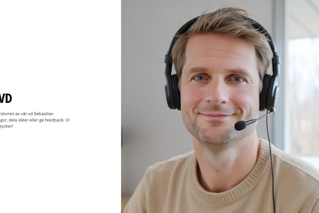 En man med headset ser in i kameran och ler. Till vänster finns text som uppmanar användare att ringa företagets vd, Sebastian Siemiatkowski, för frågor, idéer eller synpunkter.