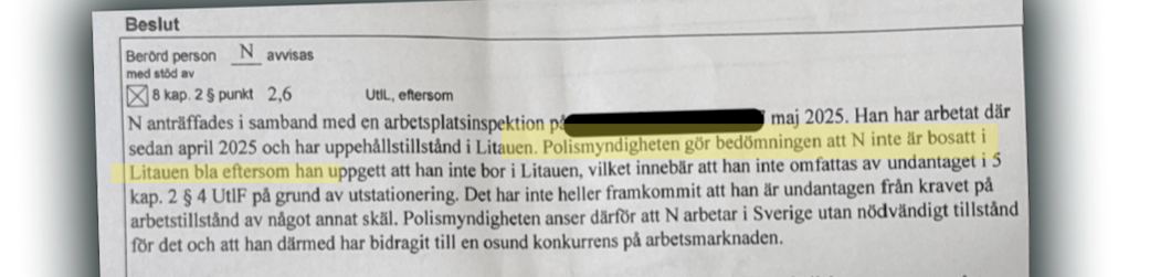 Ett svenskt dokument med en markerad del som tar upp en polisutredning om en persons bosättning i Litauen.