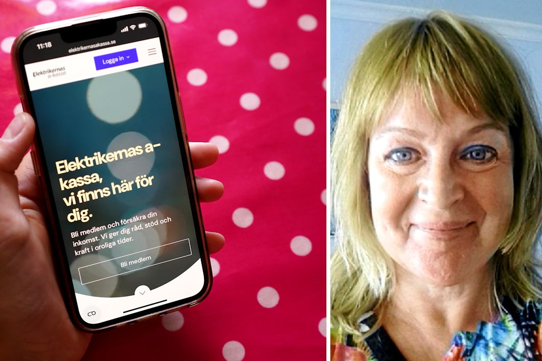 En hand håller i en mobiltelefon som visar en webbplats på svenska. Bredvid finns en porträtt av en kvinna som ler. I bakgrunden ligger en duk med prickigt mönster.
