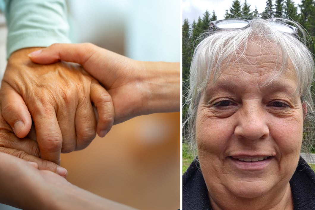 Vänster: En yngre person håller en äldre person i handen. Höger: En äldre kvinna med grått hår ler utomhus med träd i bakgrunden.
