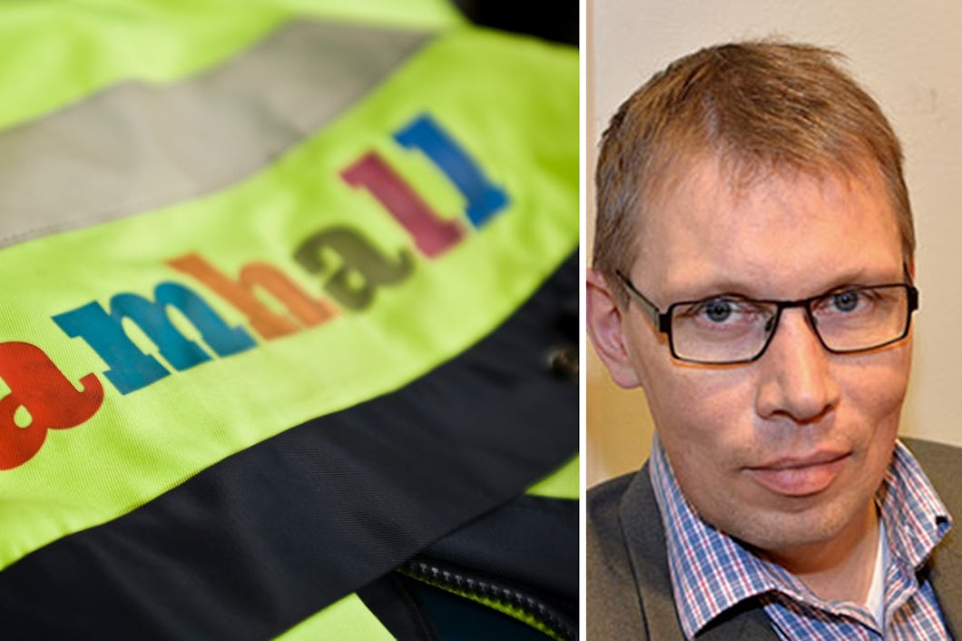En varselväst med "samhall"-logotypen till vänster; en Nicklas Nilsson med glasögon i kostym och slipsar till höger.