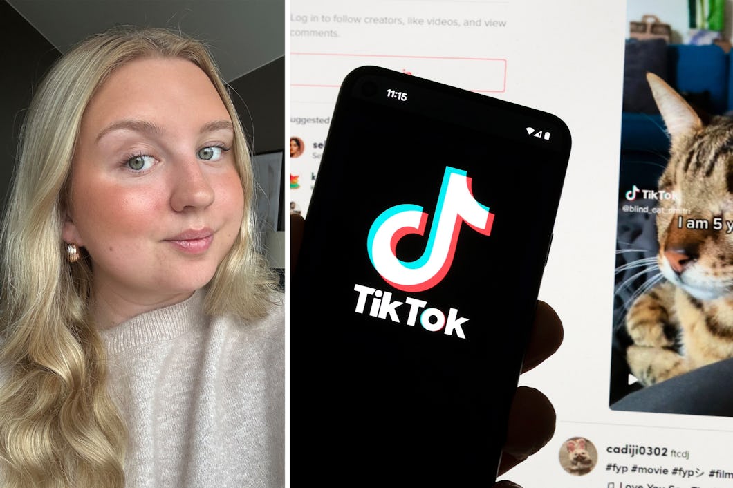 Matilda Nielsen tar en selfie, en hand håller i en telefon som visar TikToks logotyp och i bakgrunden spelas en TikTok-video med en katt där texten "Jag är 5 år gammal" visas.
