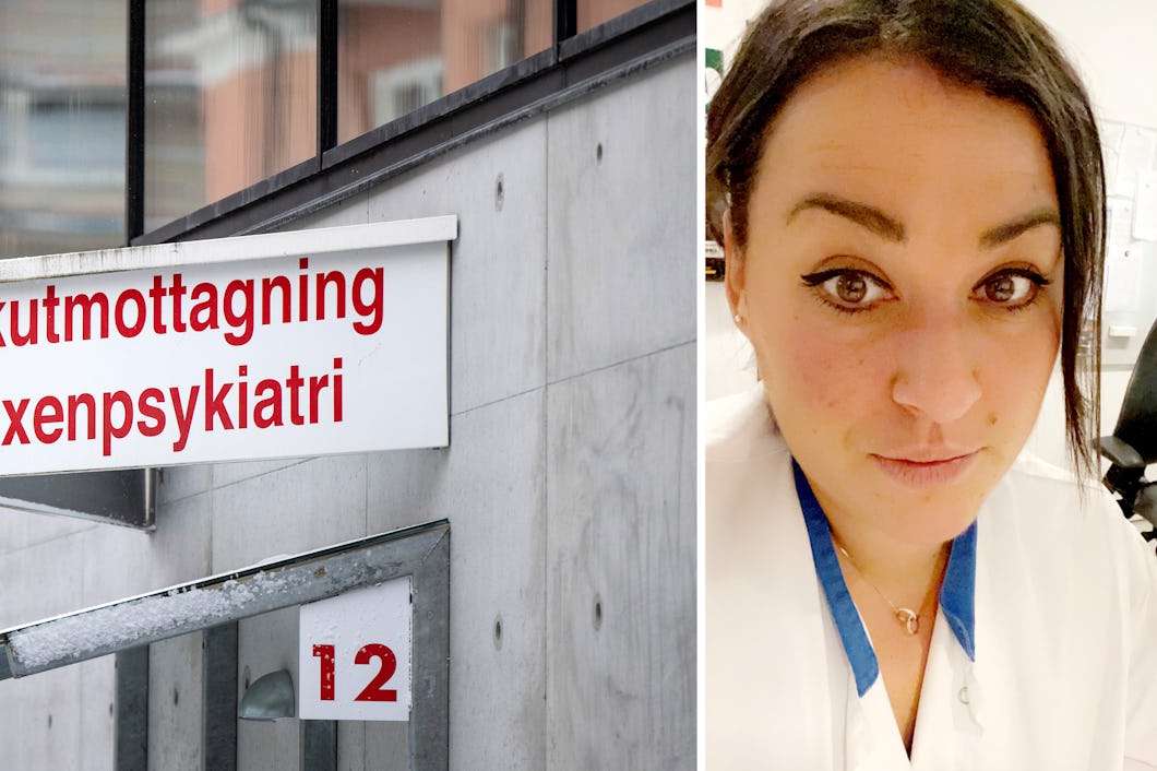 En skylt med texten "Akutmottagning vuxenpsykiatri" finns utanför en byggnad. Bredvid står Madeleine Tashakor i vit rock med ett sjukhusmärke och tittar mot kameran.
