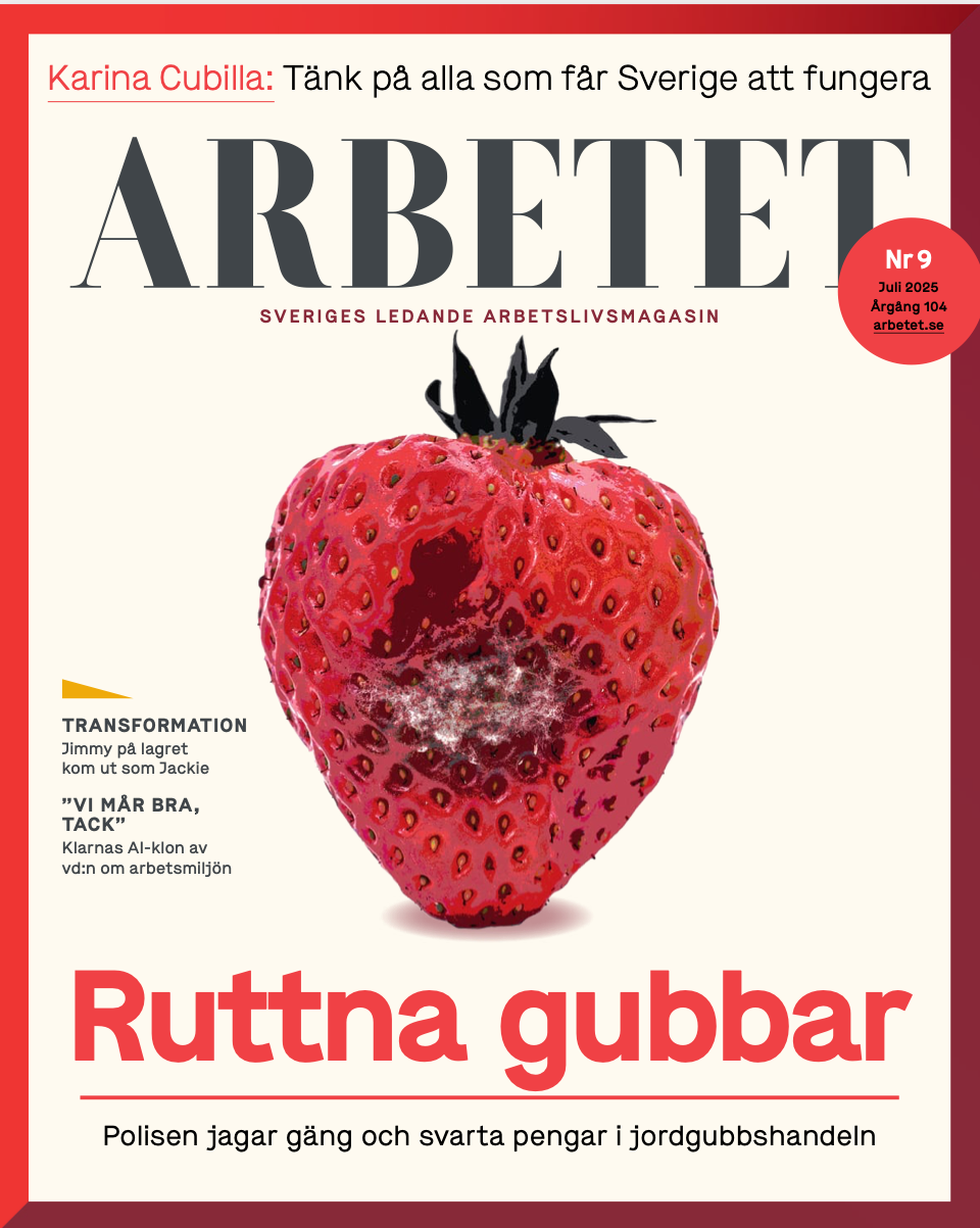 Ett jordgubbe med mögel på ytan visas på omslaget till tidningen "Arbetet". Rubriken "Ruttna gubbar" står i röd text.