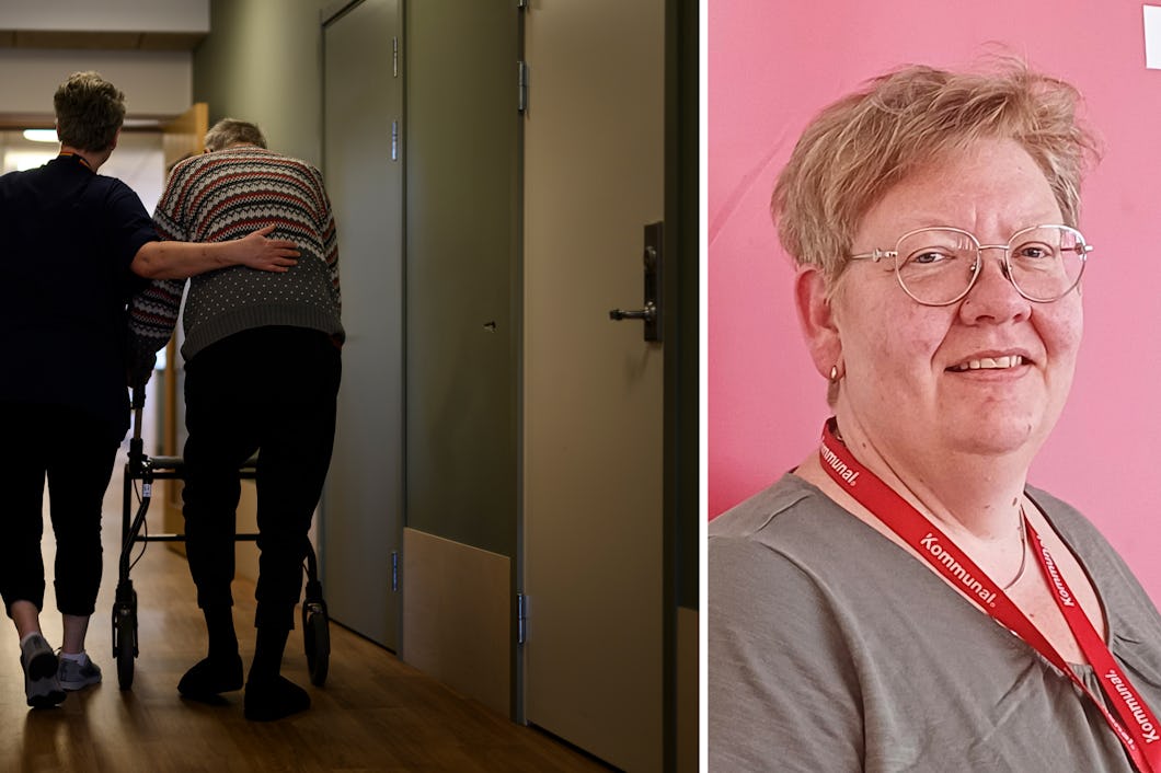 Två personer går i en korridor, den ena hjälper den andra som använder en rollator. En annan bild visar en person med glasögon och namnskylt stående mot en rosa vägg.