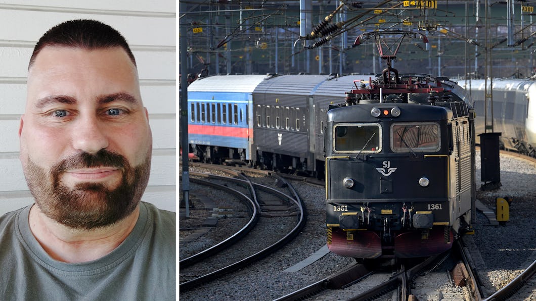 En bild uppdelad i två delar, med Tony Tegerdahl med skägg till vänster och ett svart loktåg på järnvägsspår till höger.