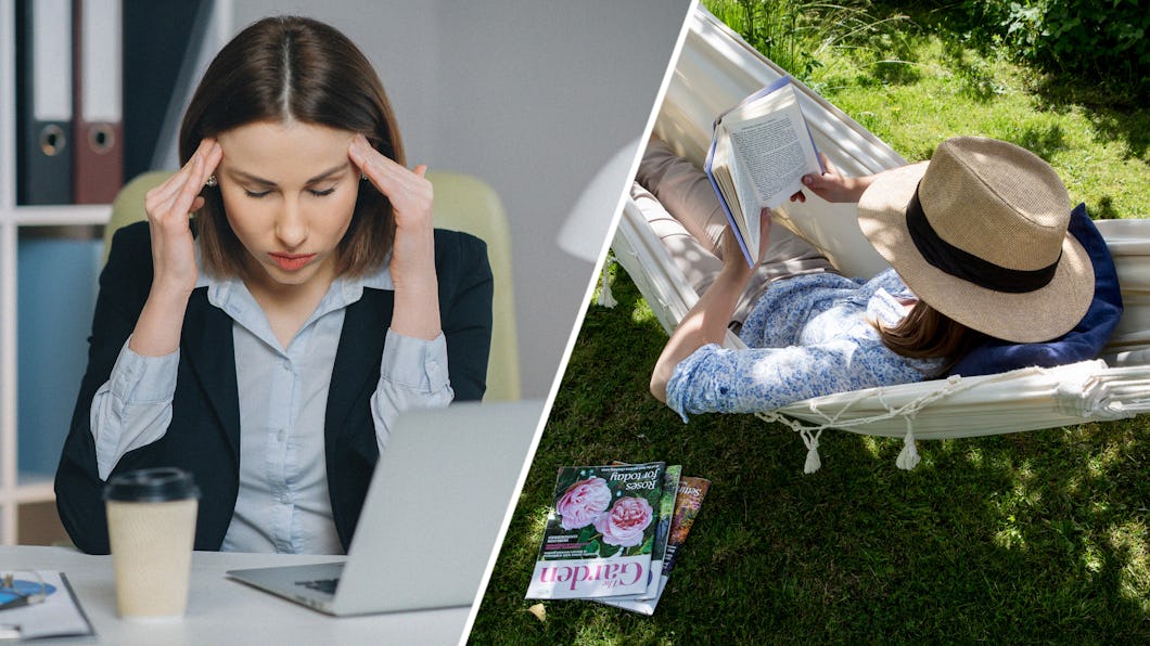 Till vänster sitter en kvinna framför en laptop och håller händerna mot tinningarna. Till höger ligger en kvinna i en hängmatta utomhus och läser, med tidningar bredvid sig.