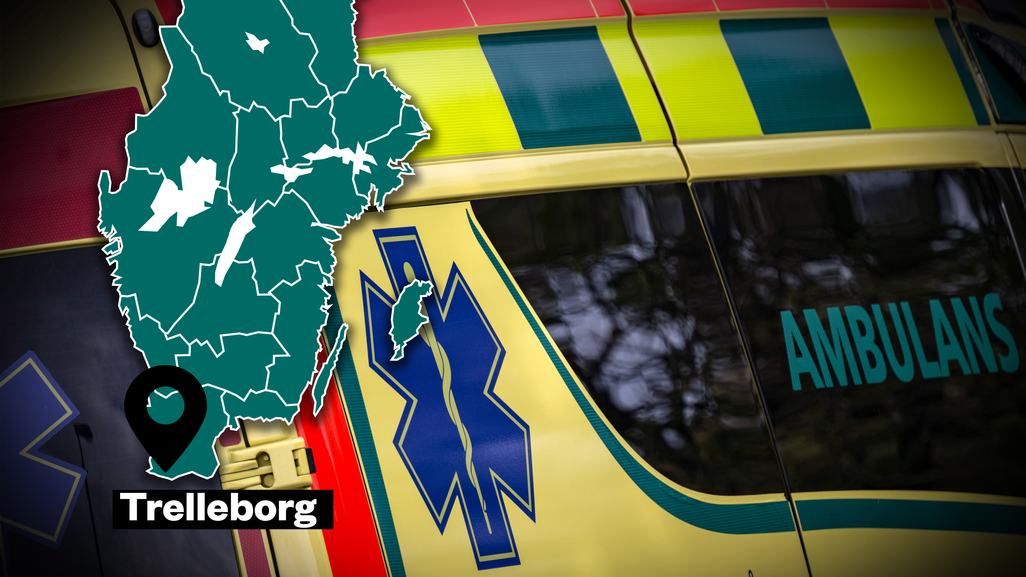 En karta visar Trelleborg i Sverige och är placerad på sidan av en ambulans med texten "AMBULANS".