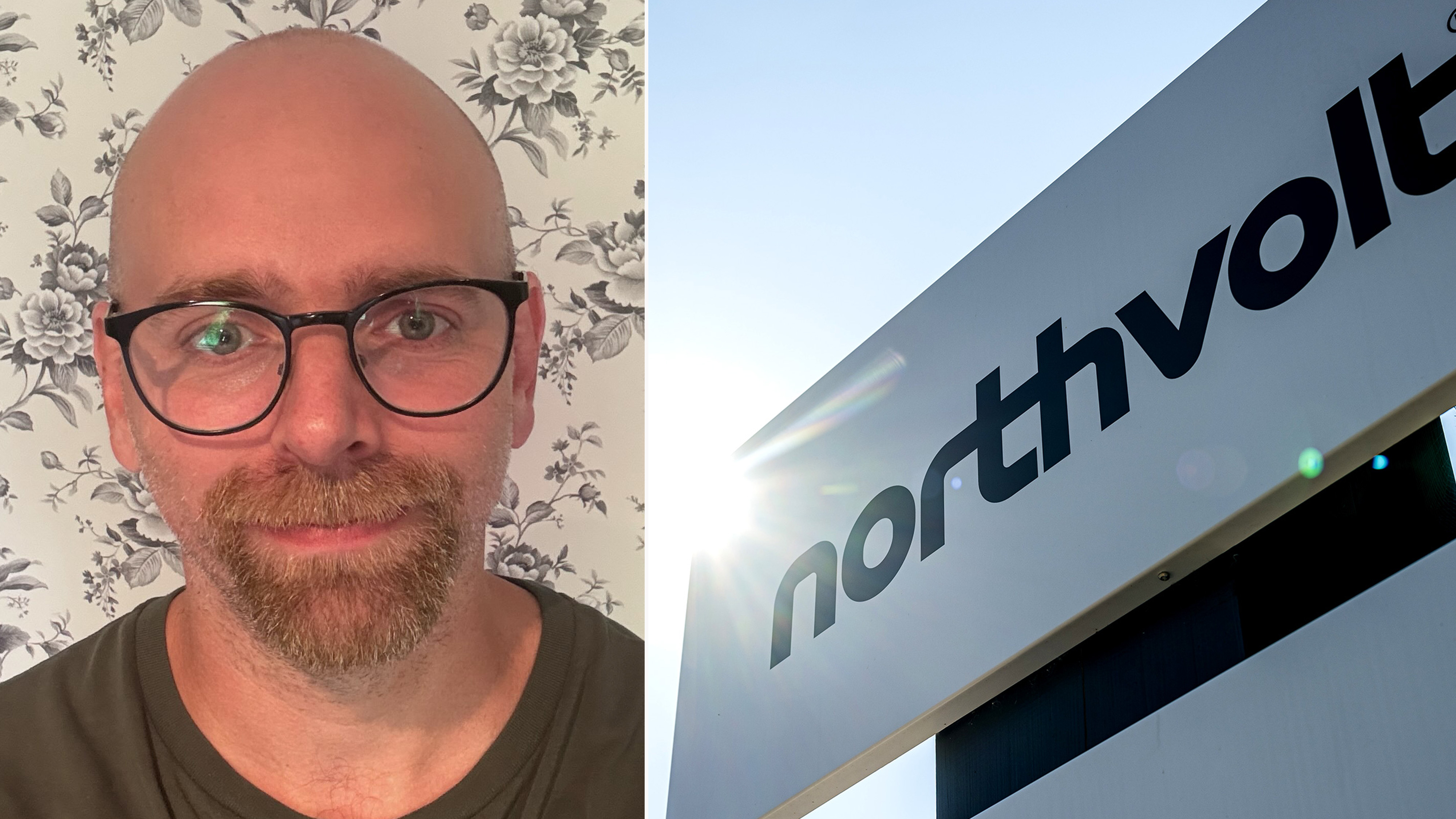 En man med glasögon och skägg står framför en tapet med blommönster. Bredvid honom finns en byggnad med en skylt där det står "northvolt" i dagsljus.