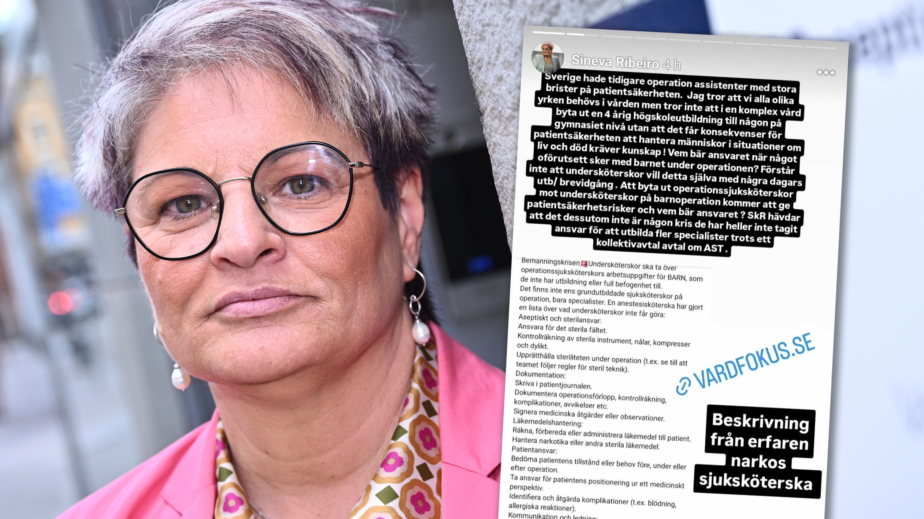 En kvinna med kort grått hår och glasögon står framför en suddig bakgrund. Bredvid henne finns en skärmbild av svensk text om patienter och anestesisjuksköterskor.