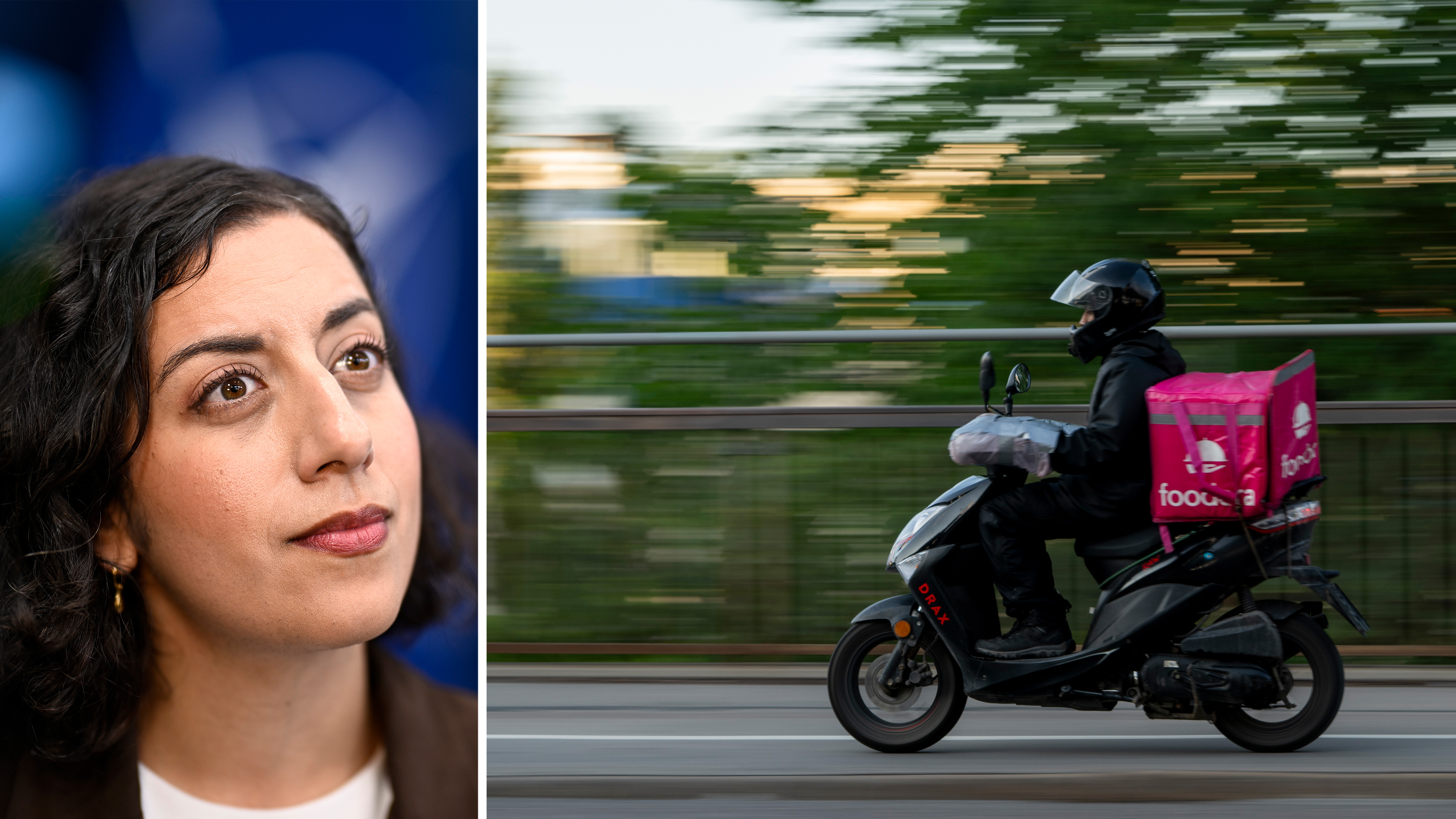 Delad bild: Till vänster Integrationsminister Simona Mohamsson. Till höger kör en matbudförare scooter med rosa väska.