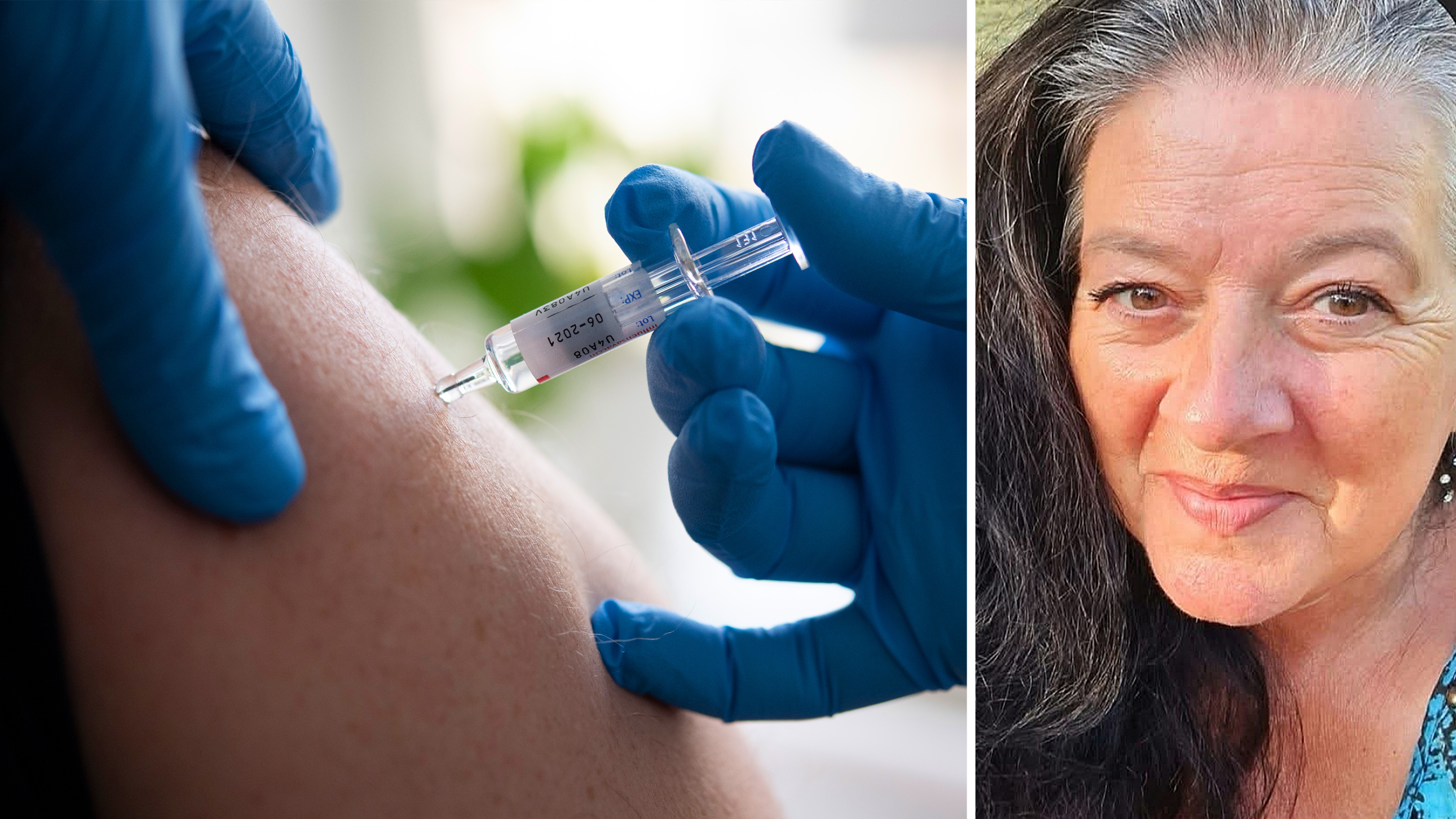 Närbild av en person som får en spruta i armen samt ett separat porträtt av en Winnie Kavsjö med mörkt hår som ler mot kameran.