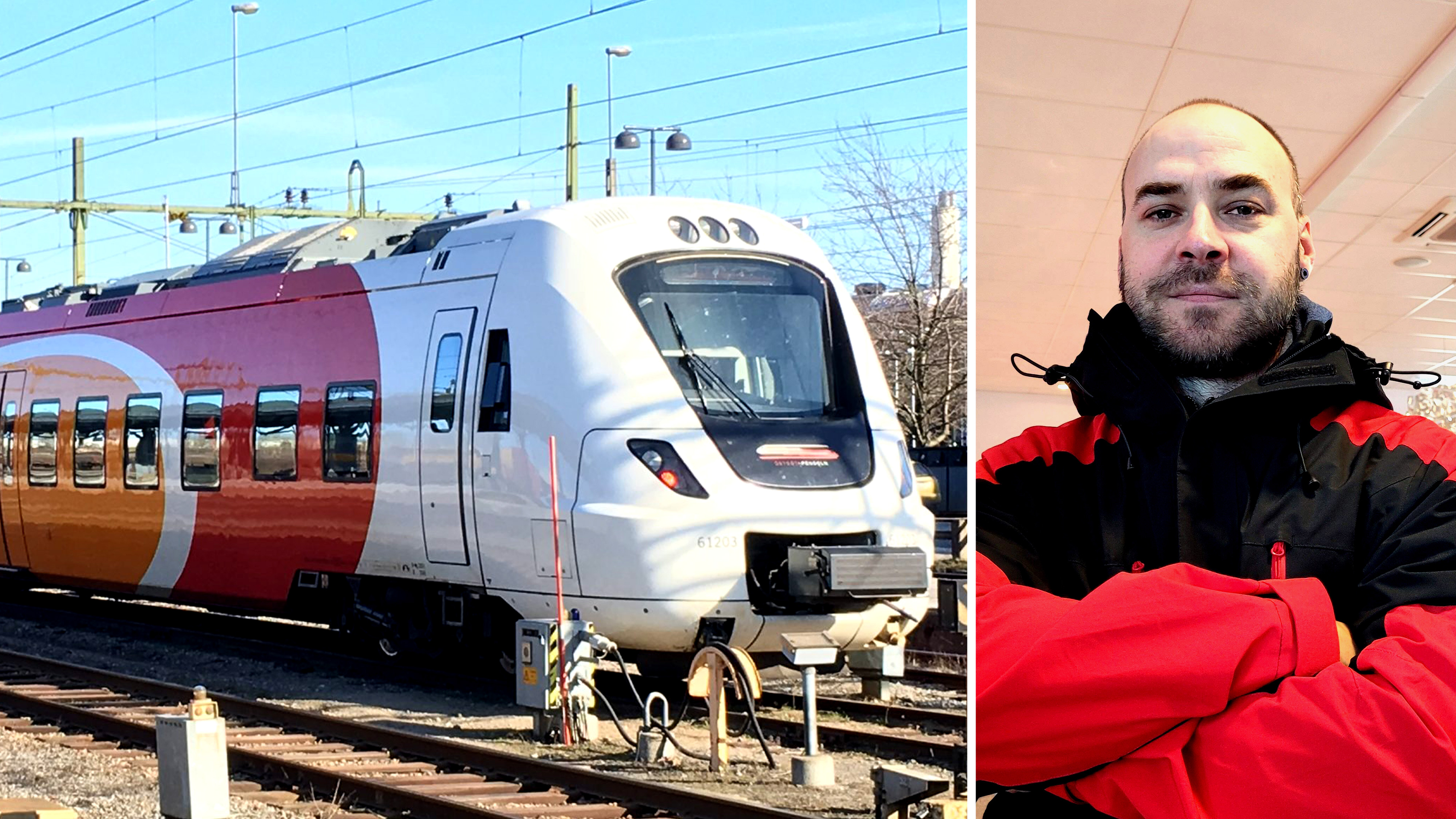 Till vänster syns ett rött och vitt passagerartåg på spår; till höger står Johan Kromnèr inomhus med armarna i kors.
