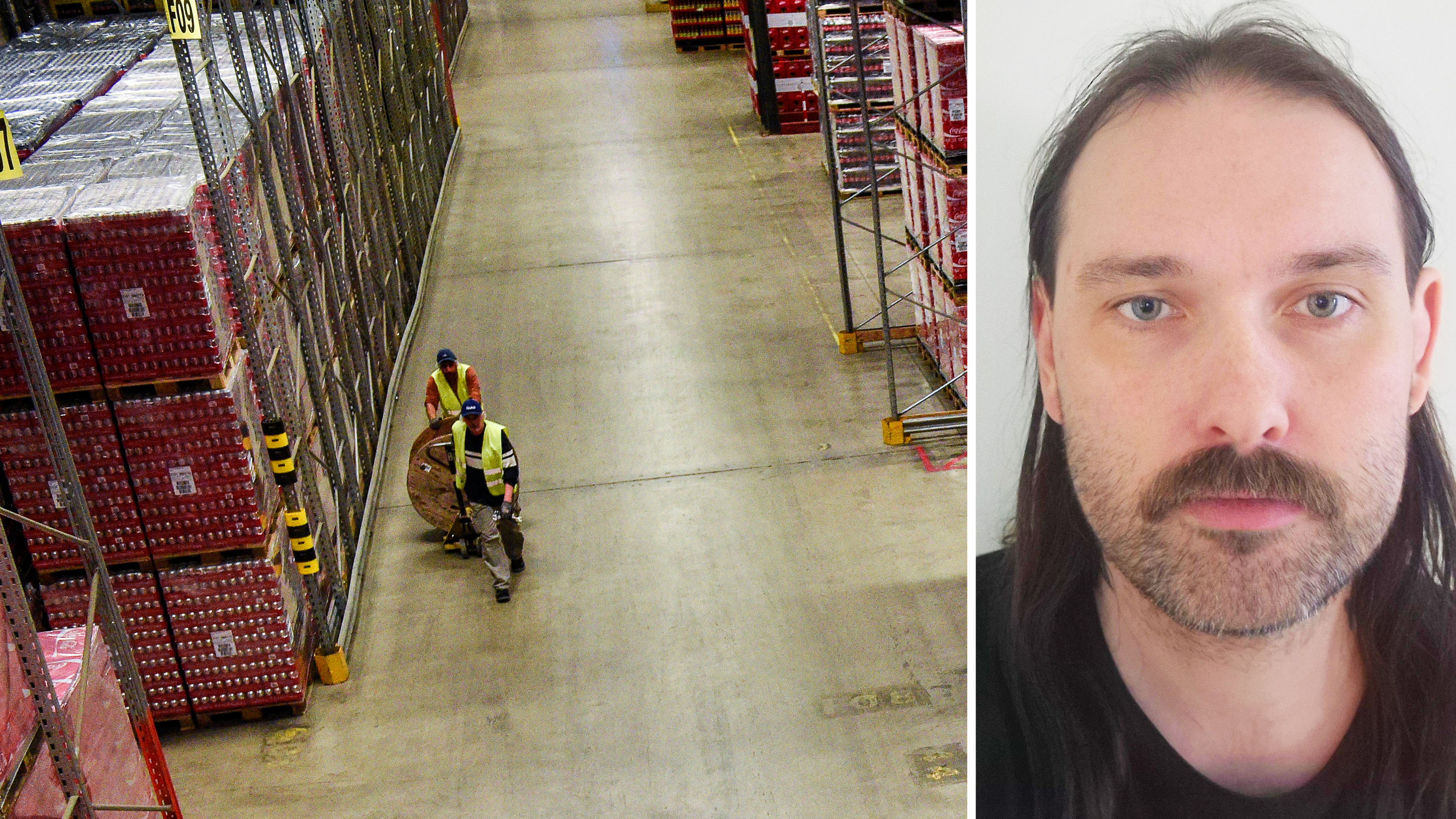 Flygbild av arbetare som flyttar varor i ett lager till vänster; porträtt av en man med långt hår och mustasch till höger.