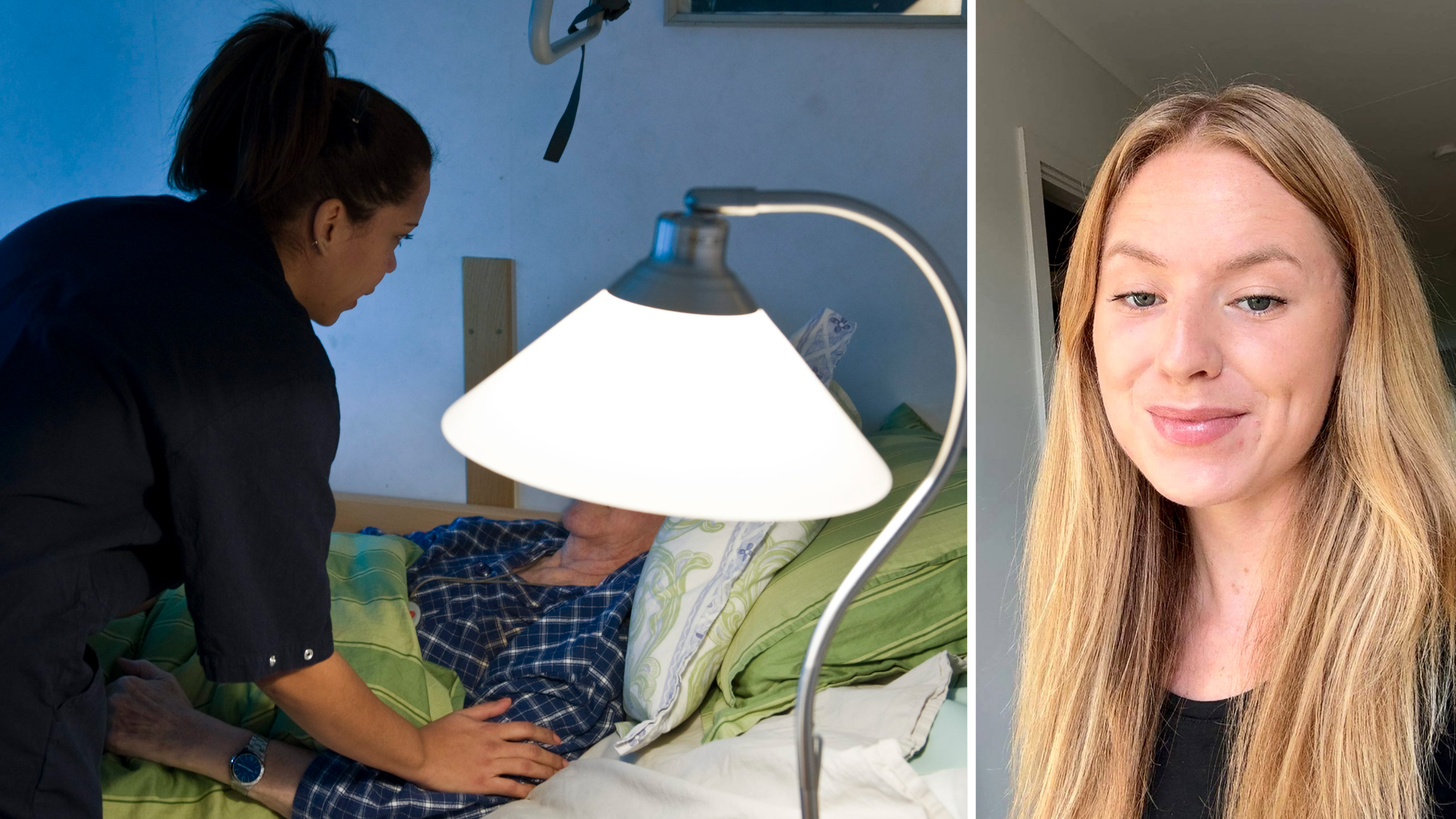En vårdgivare hjälper en äldre person som ligger i sängen till vänster. Till höger Linnea Pettersson med långt blont hår.