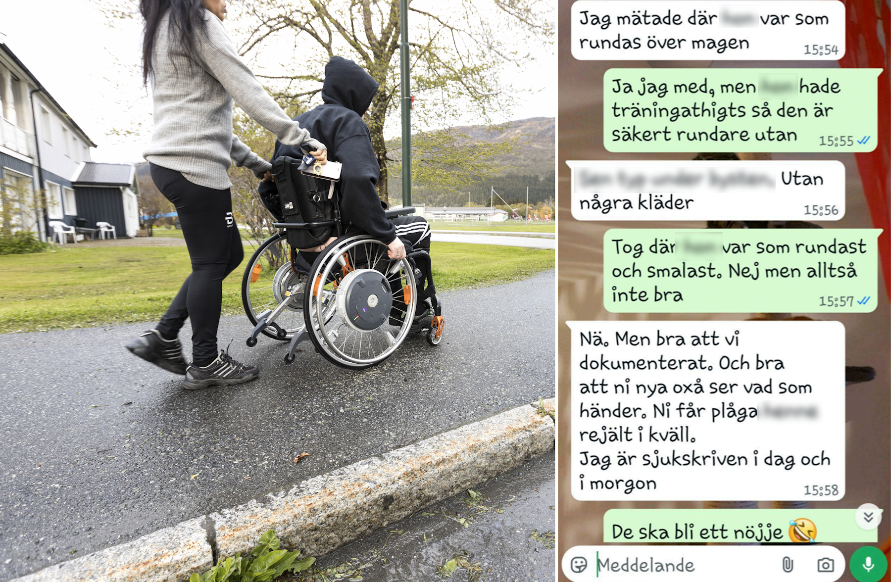 På bilden knuffar en kvinna en person i rullstol på en utomhustrottoar bredvid en WhatsApp-chatt på svenska.