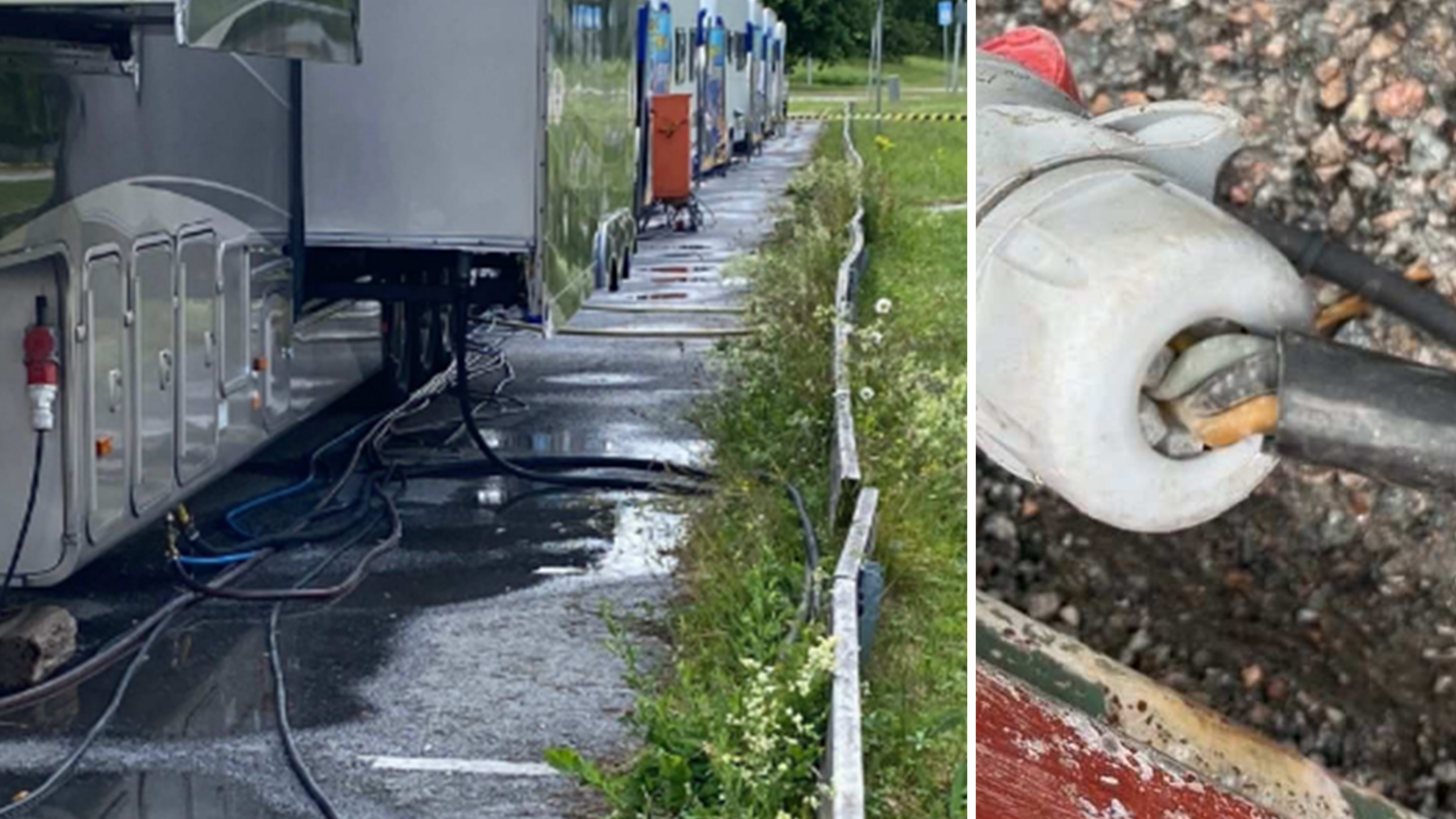 En rad parkerade släpvagnar med kablar på den våta marken; närbild av en skadad elkabel med synliga ledare.