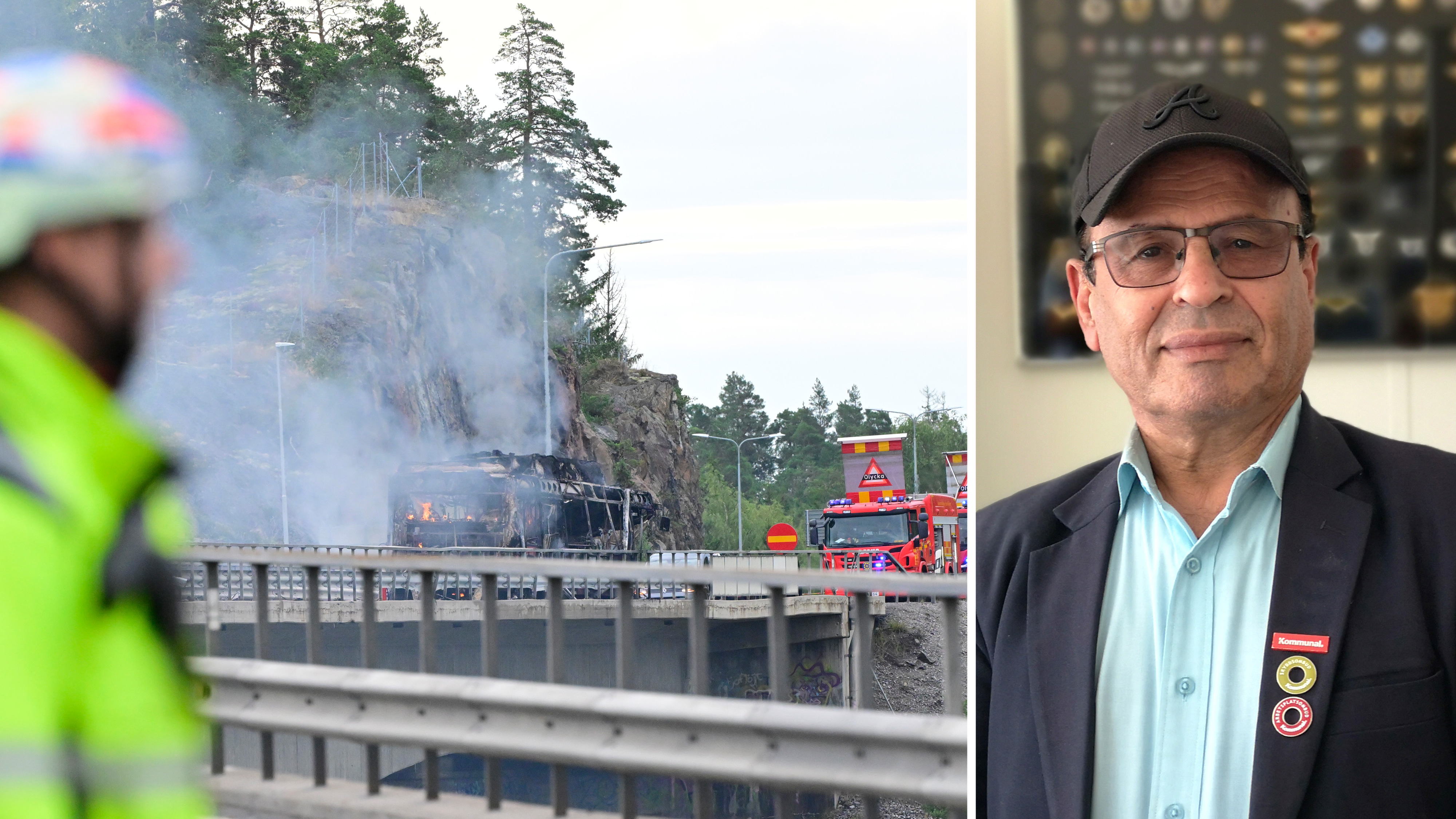 Ett utbränt fordon ryker på en bro nära räddningspersonal; till höger står en man med keps och glasögon inomhus mot kameran.