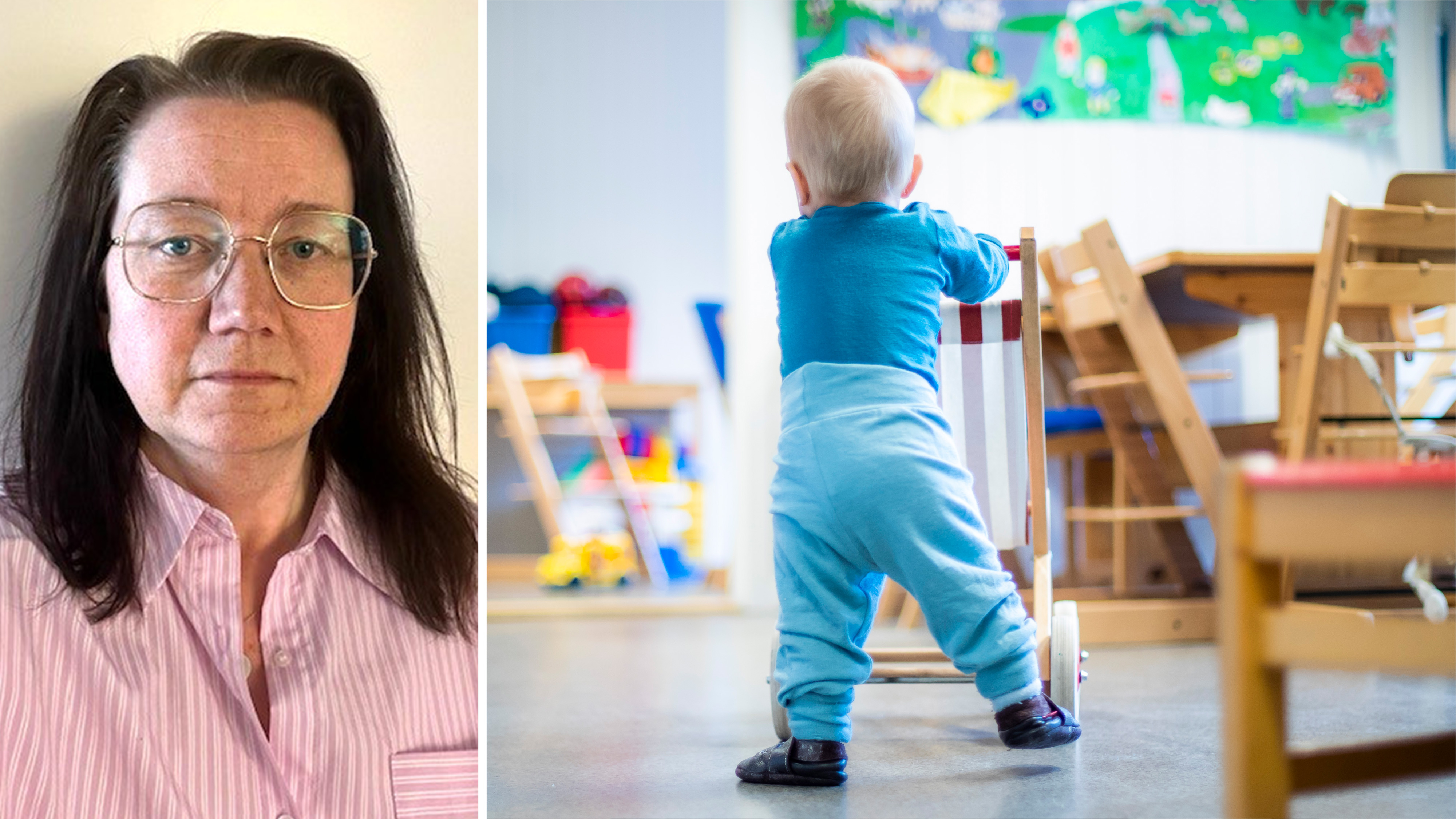 Jessica Eriksson med glasögon och rosa tröja till vänster; till höger skjuter ett barn i blått en gåvagn på en förskola med stolar och leksaker.