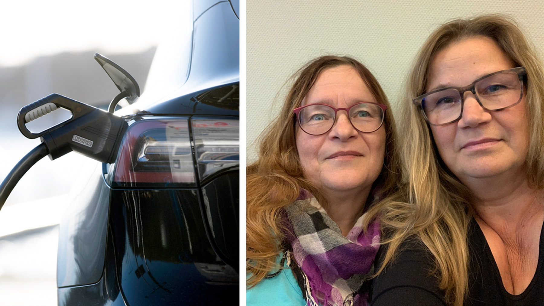 Bildmontage med en laddande elbil invid ett foto på Minna Edeblom och Maria Kumpula.