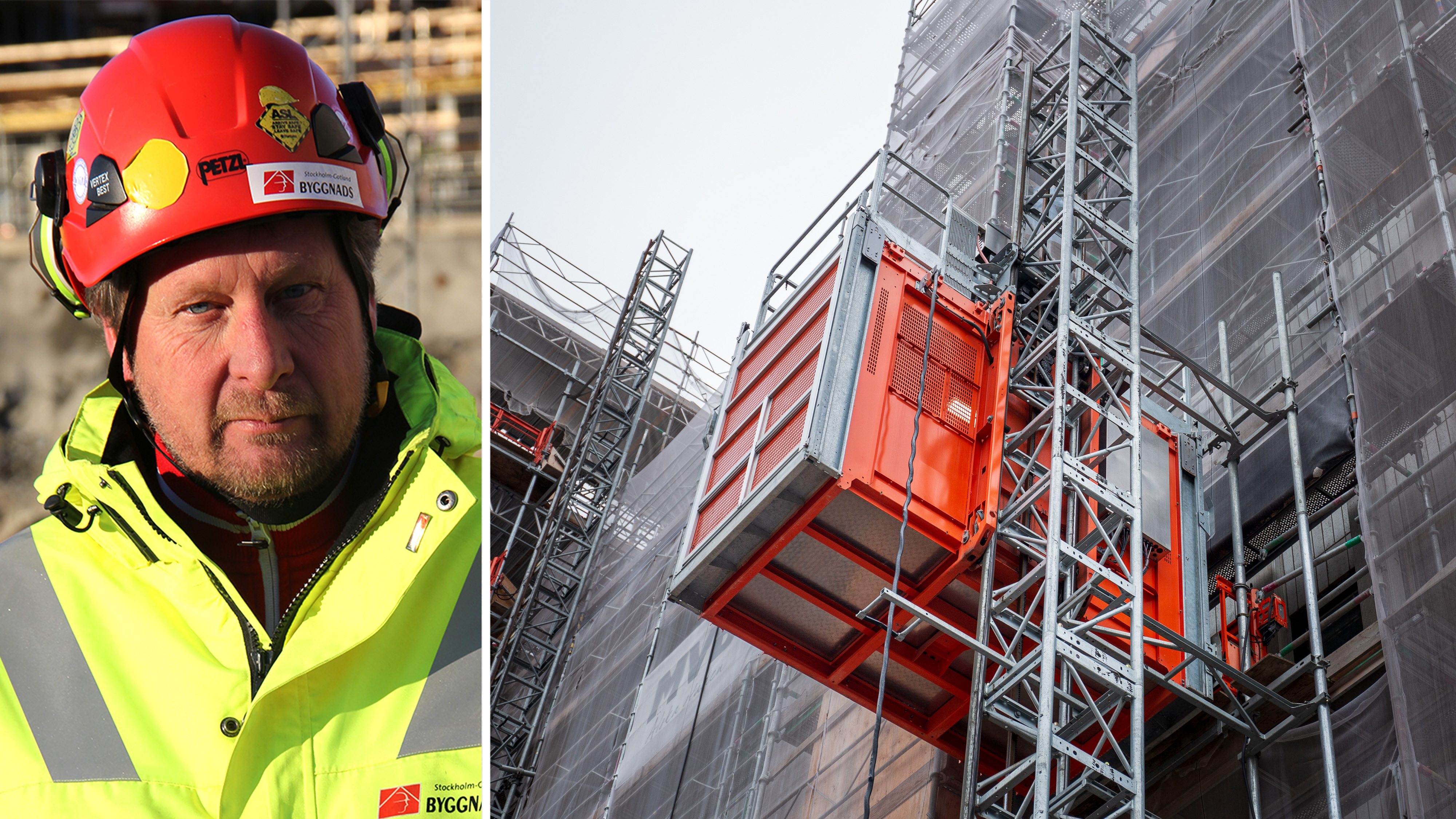 En byggarbetare med skyddsutrustning står på en byggarbetsplats bredvid en bygghiss vid en byggnad med ställning.