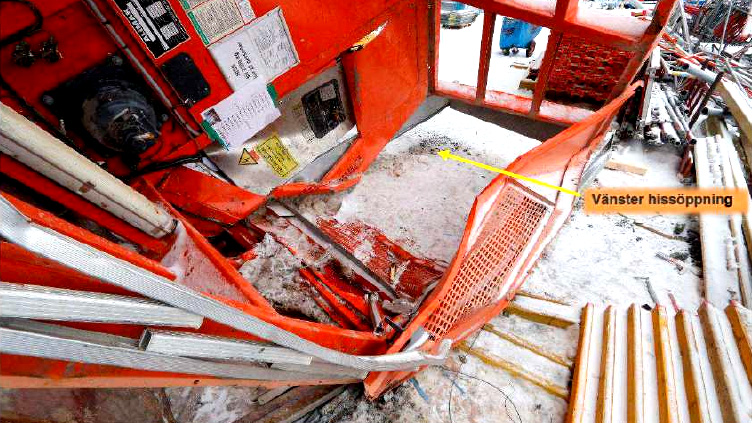 En bygghiss efter olycka.