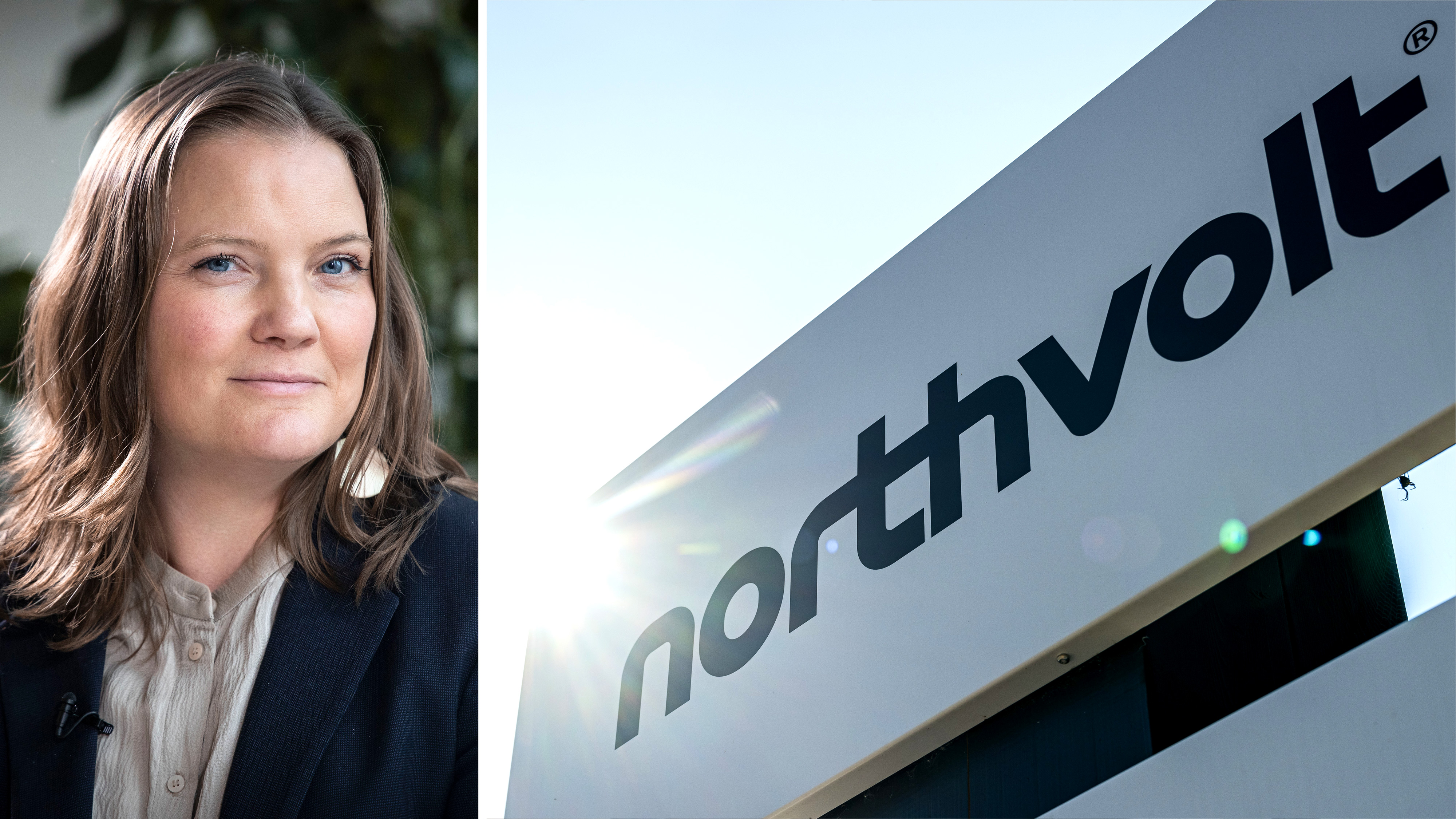 En kvinna i affärskläder visas till vänster, och Northvolt-logotypen på en byggnad syns till höger med solljus i bakgrunden.