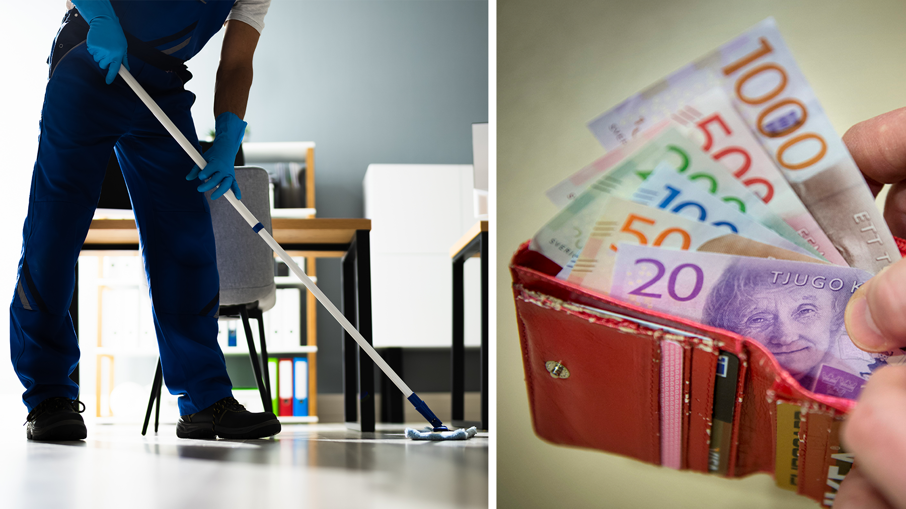 Bildmontage med person som städar och en plånbok med sedlar i