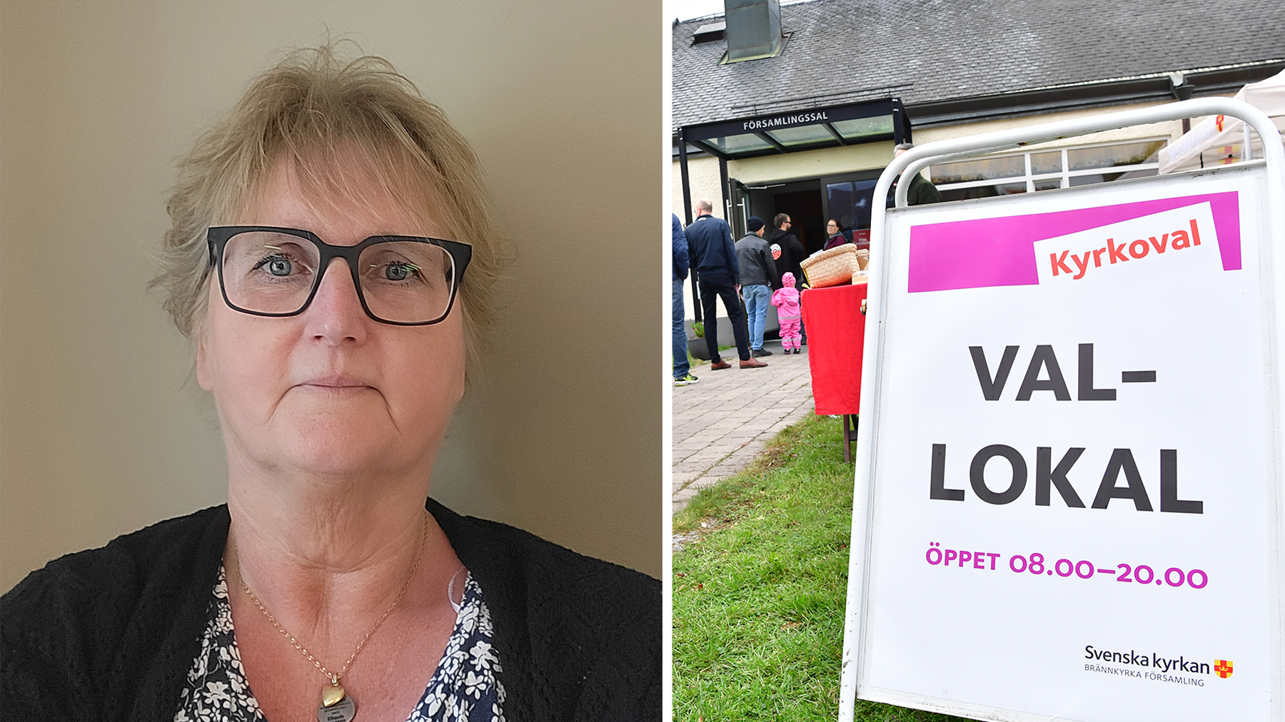 Bildmontage med foto på Cathrine Strand och bild på en skylt där det står Kyrkoval, Vallokal.