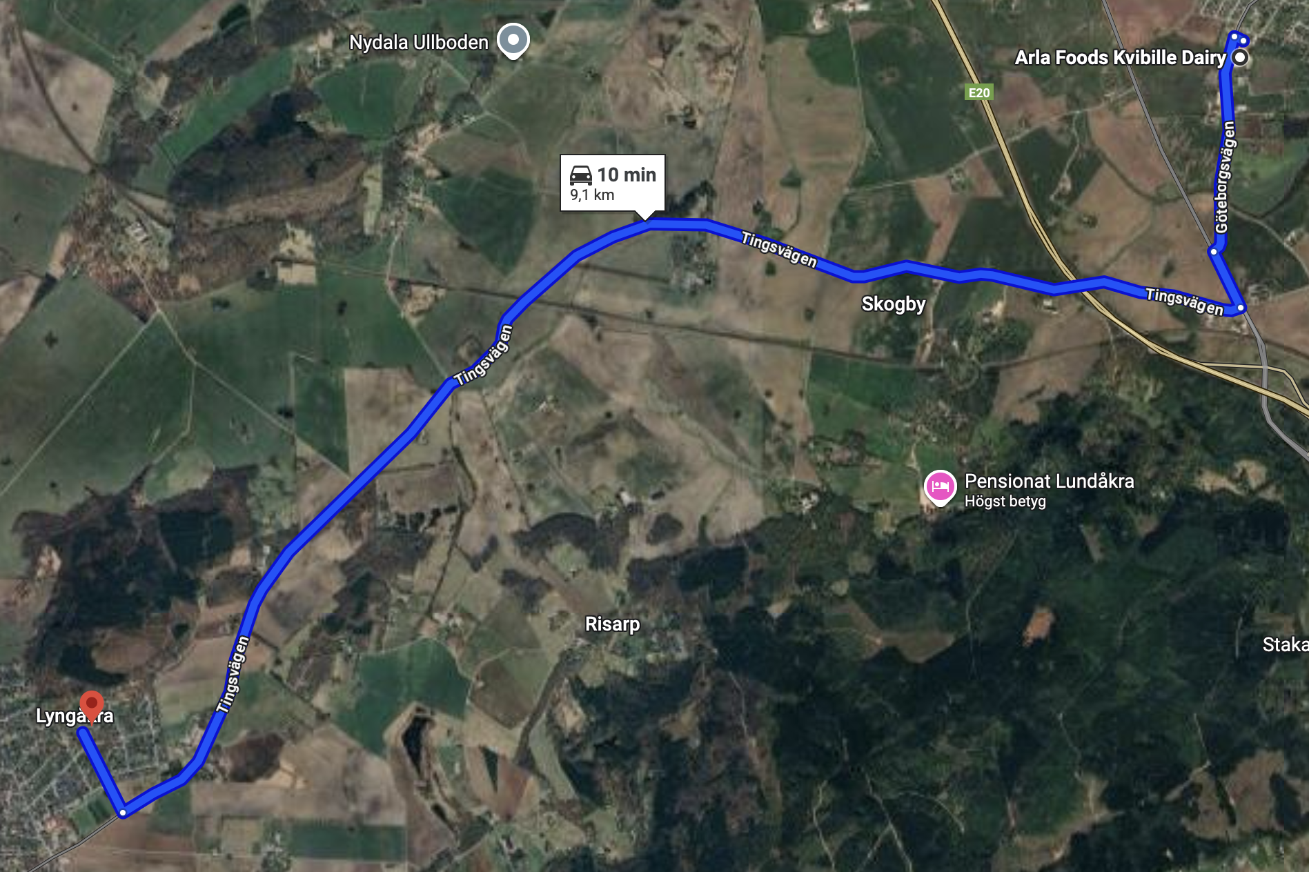 En satellitkarta visar en 9,1 km bilväg från Arla Foods Kville Mejeri till Lyngåkravägen, cirka 10 min. Platser och vägar är markerade.