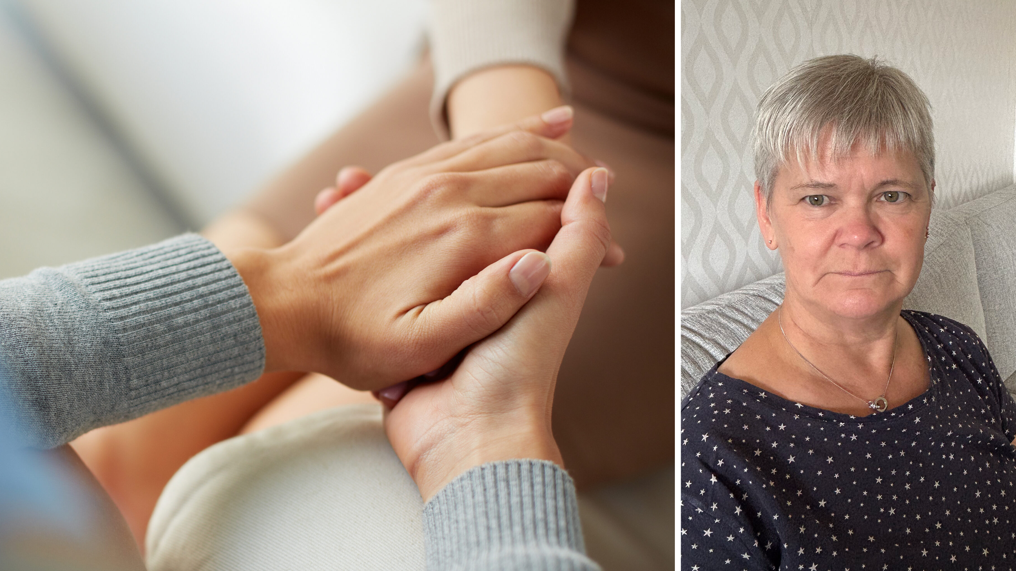 Bildmontage med två personer som håller händer, invid ett foto på Hanna Romin.