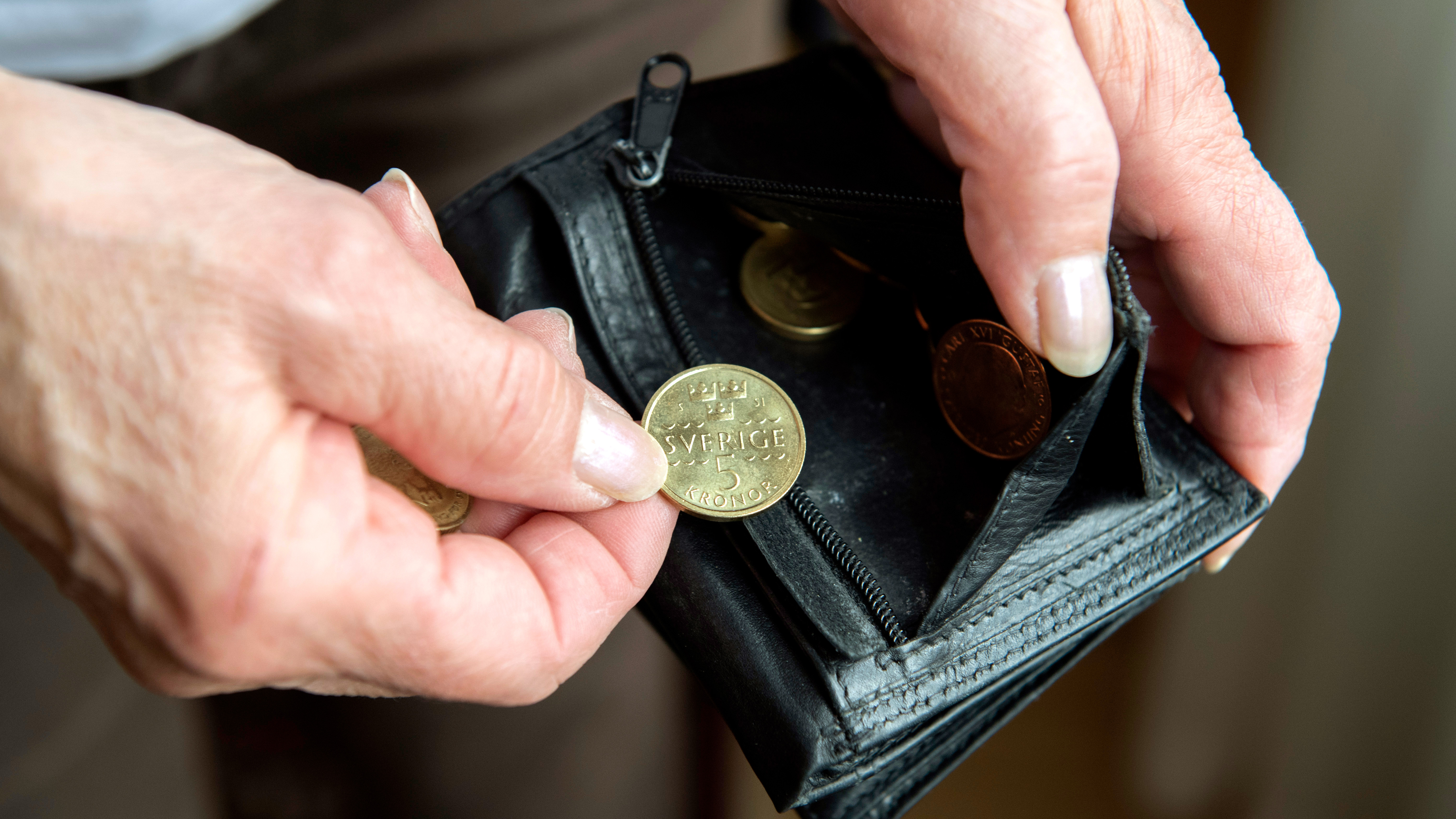 En person håller i en svart plånbok med flera svenska kronmynt synliga inuti.
